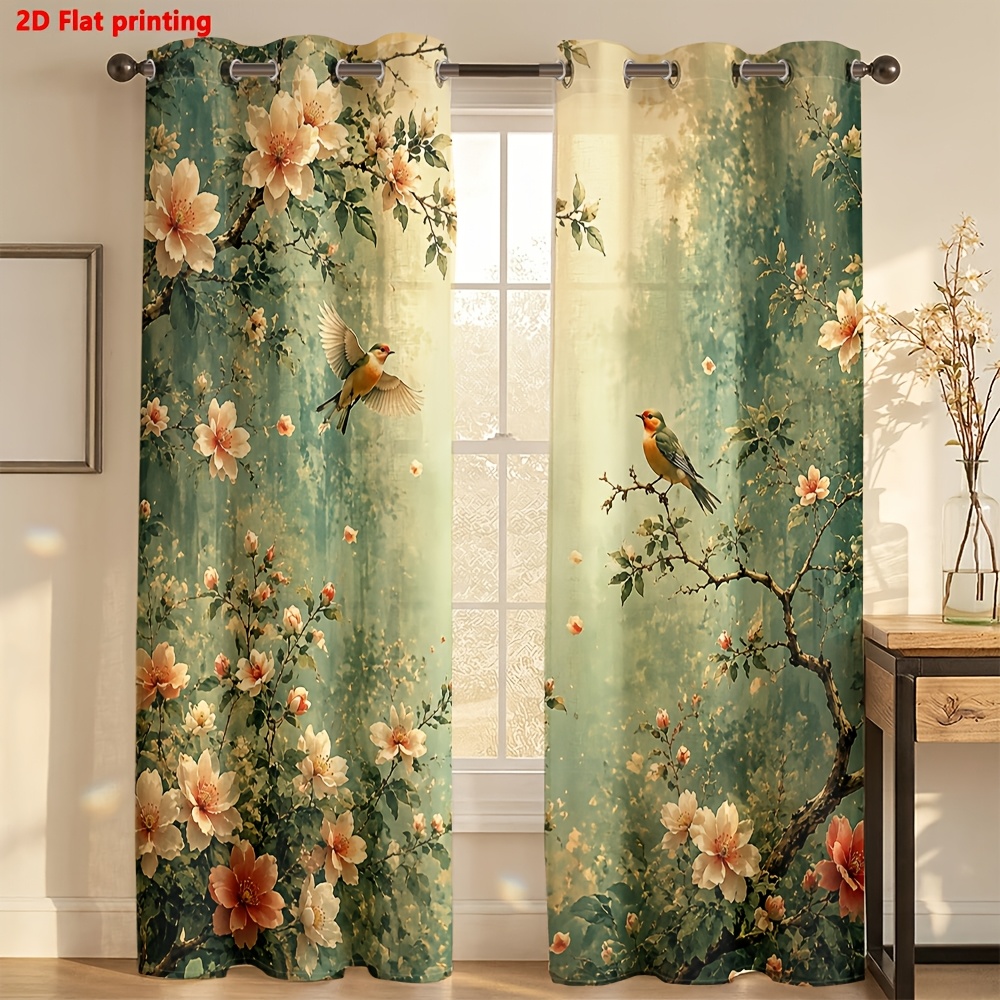 Image of 2d Flat - 2d Flat 2pcs Curtains Floral Bird Art Room Bedroom Decoration Light Luxury Minimalist European Style, Suitable For Living Rooms, Bedrooms, Study Rooms, And Home Decor