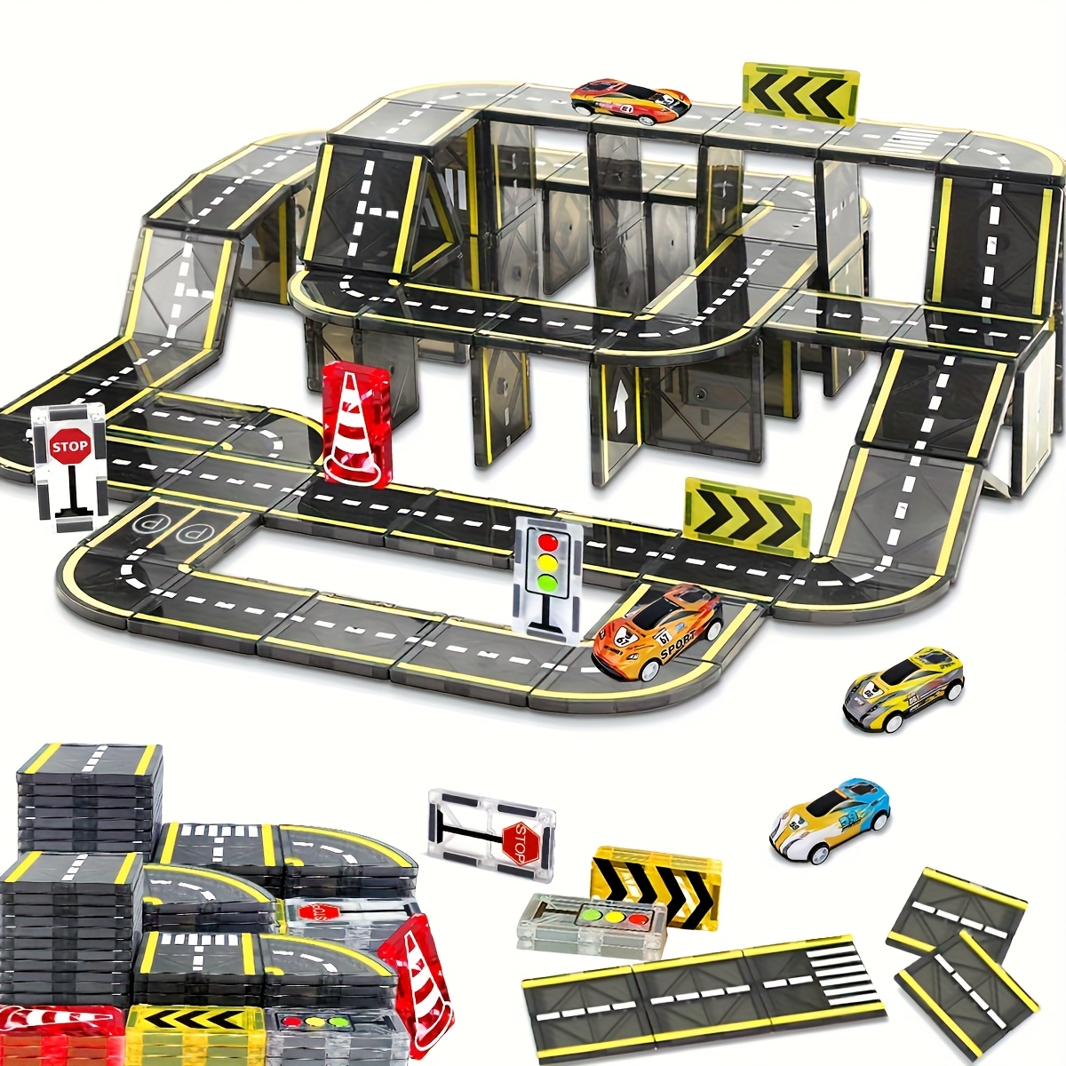 Magical   with Magnetic Road Indicators, Toy Cars, and Magnetic Building Blocks STEM Educational Creative Construction Toys for Kids - Random Colors