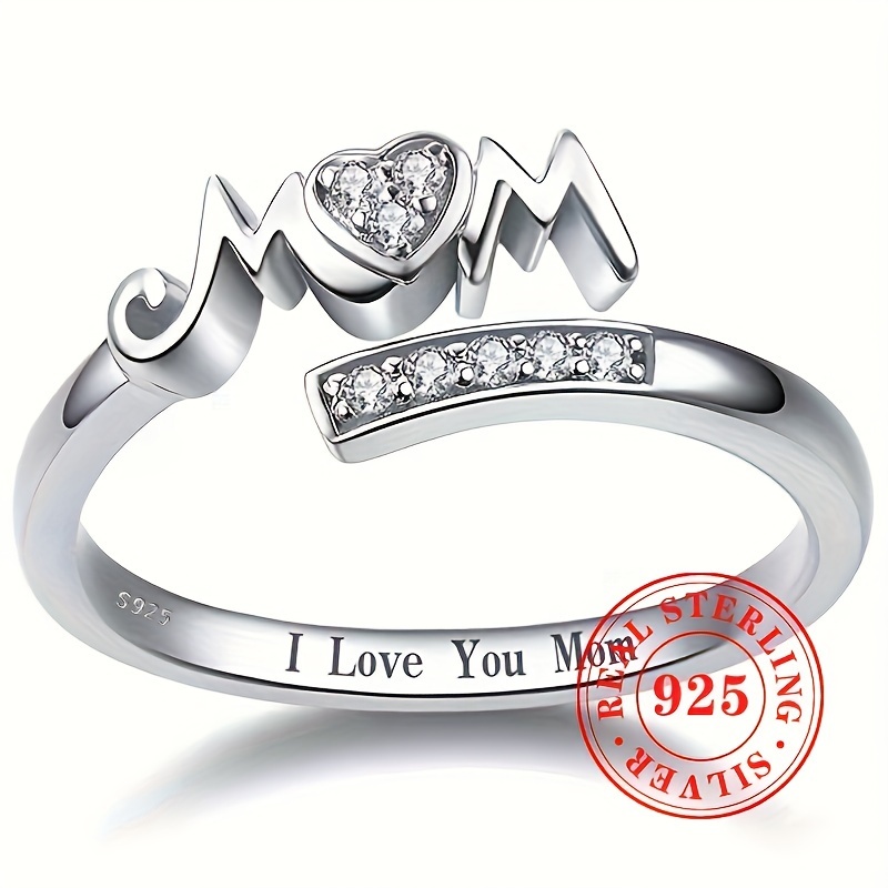 

925 Sterling Silver Inlaid Zircon Ring Mom Letter Love Ring Open Adjustable Ring Mother's Day Gift Jewelry