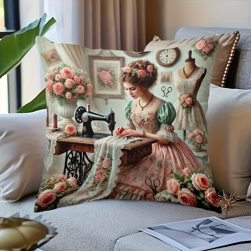 TEMU 1pz Cuscino in Peluche Corto con Motivo Macchina da Cucire per Donne, Morbida , 18x18 Pollici (45x45cm), Lavabile in Lavatrice, 100% Poliestere,