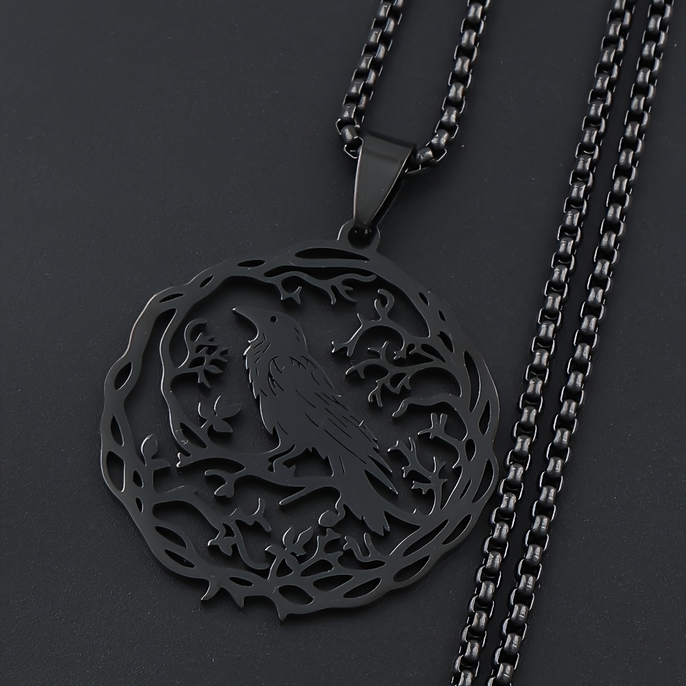 E-shop Gothic Schwarze Krähe Baum des Lebens Vogel Anhänger Halskette für Frauen Männer Edelstahl Hip Hop Tier Pflanze Schmuck Party Geschenk