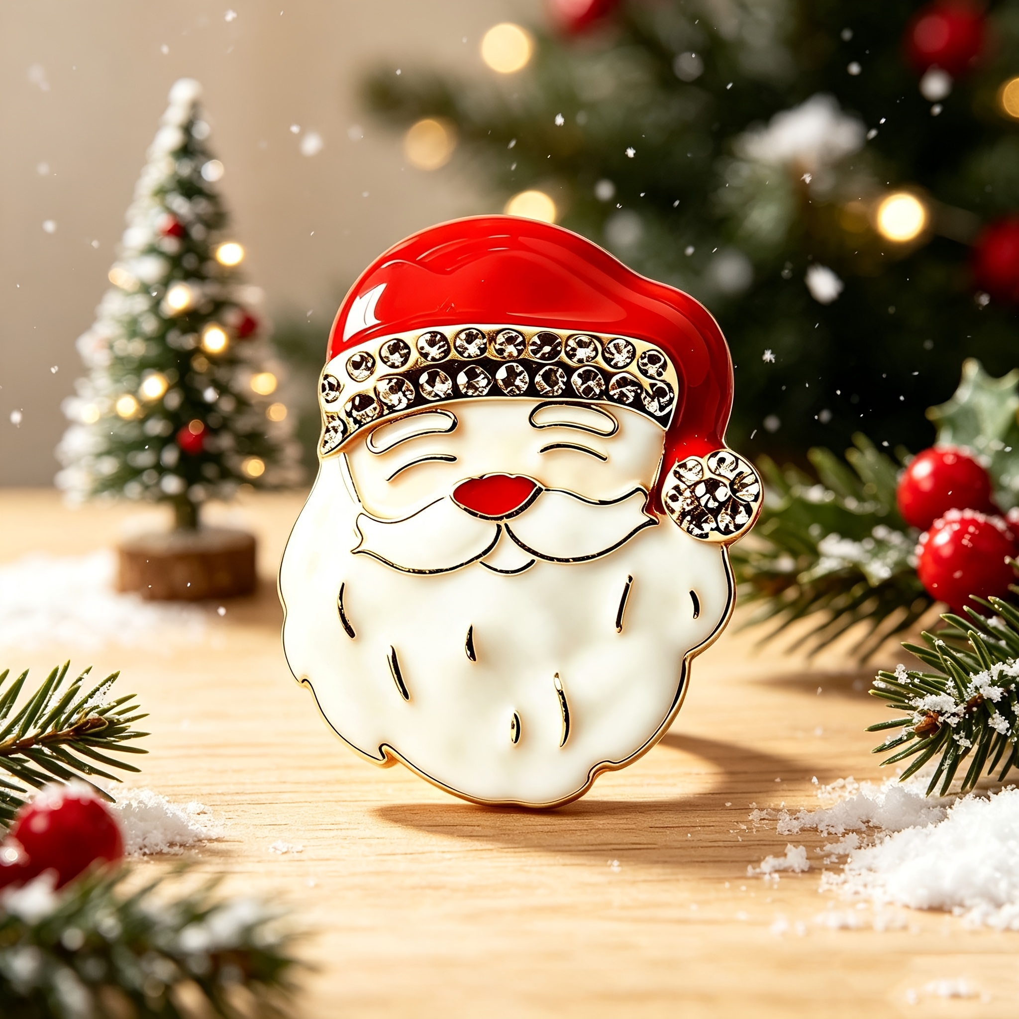TEMU Cute Closed-eye Santa Claus Brooch With Hat And Rhinestone Pin, Autumn/winter Apparel Decorative Accessory