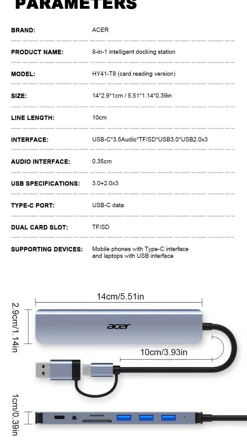 Acer HY41-T8 8-in-1 USB-C/USB Dual Interface Expansion Dock with 480Mbps Speed, USB-C Type-C/USB-C Dual Ports, Usb-c Hub