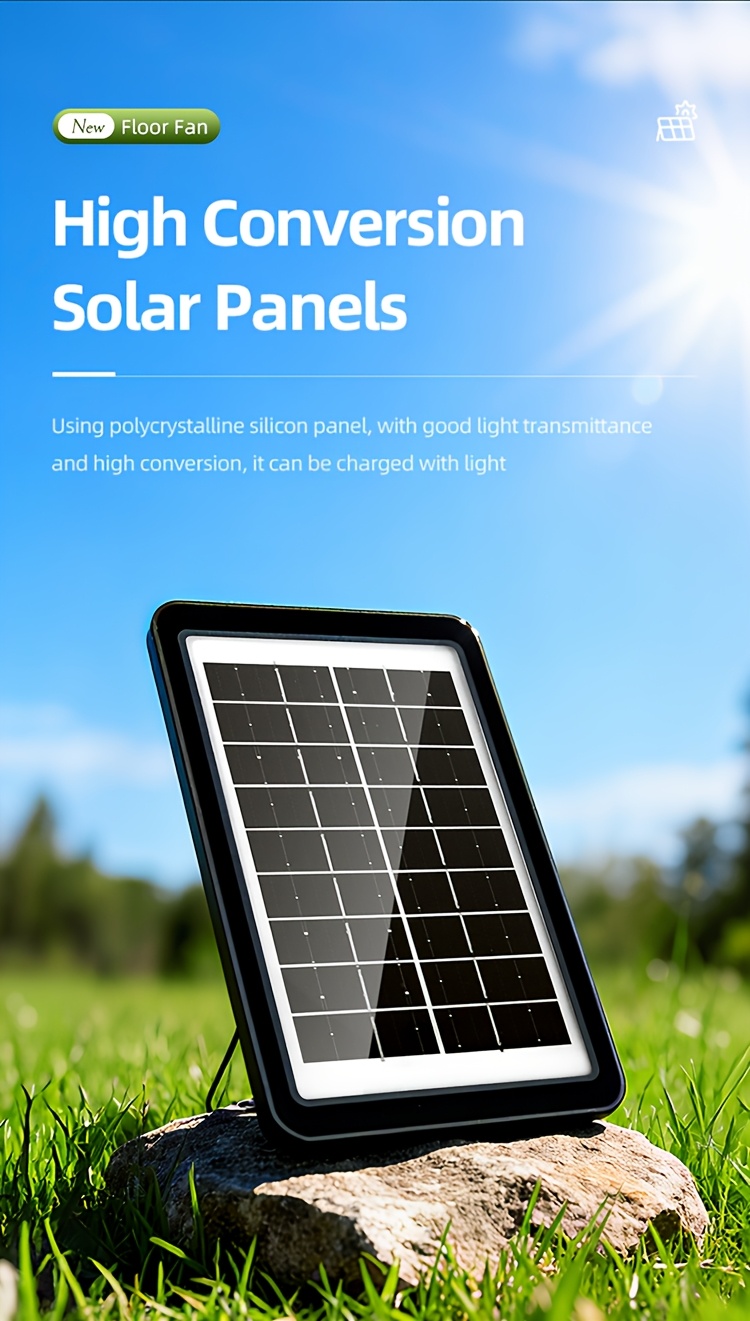 A Easy Outdoor Solar-Powered Floor Fan with a Circulating Function, Featuring Four Height Adjustment Modes, a Type-C Quick Charging Version, a Five-Speed Desktop Fan, a Retractable Electric Floor Fan, an Ultra-Long-Lasting Outdoor Cooling Device