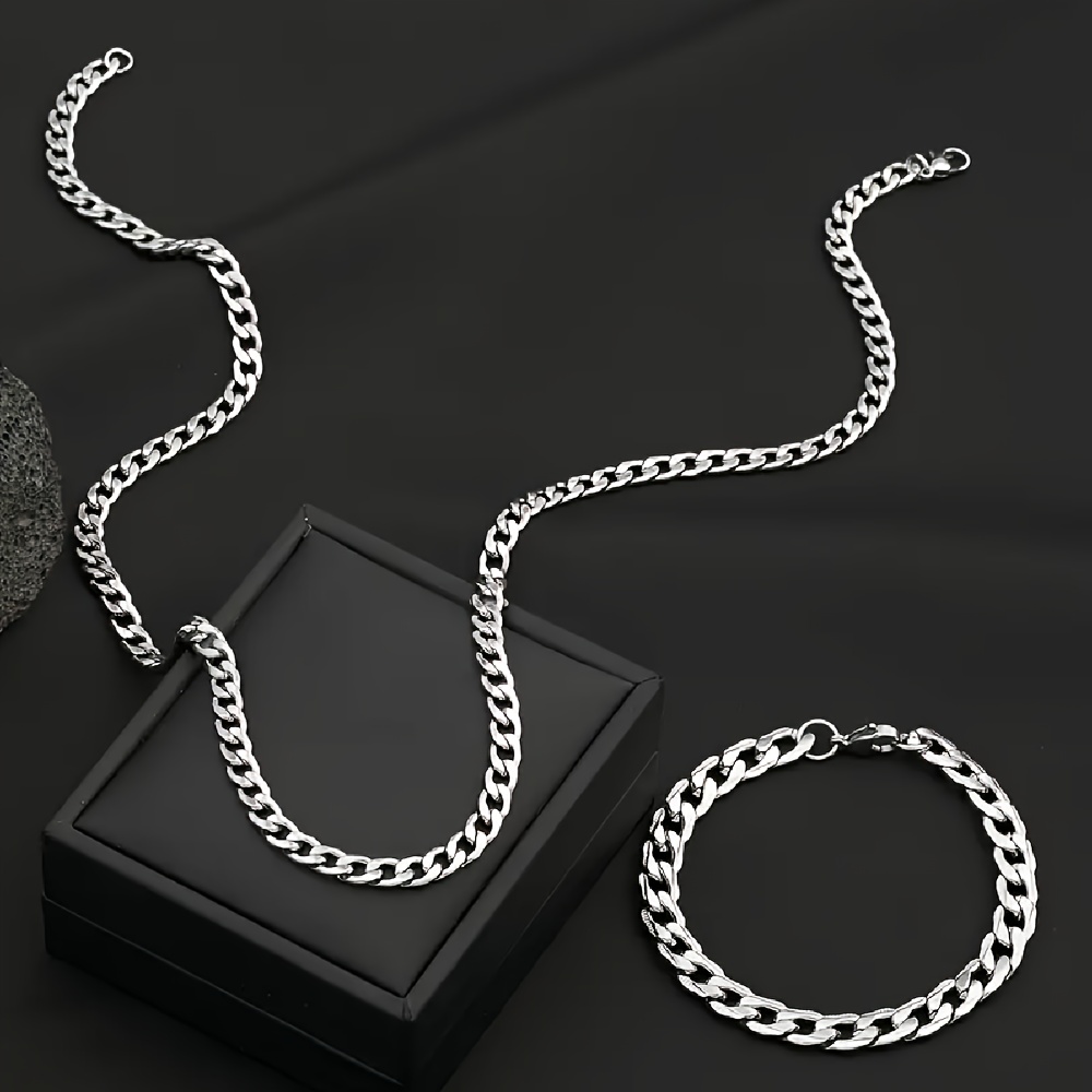 TEMU Set di gioielli da in acciaio inossidabile 304 - Larghezza 7 mm - Bracciale da 21,6 pollici + bracciale da 8,27 pollici, braccialetto stile hip