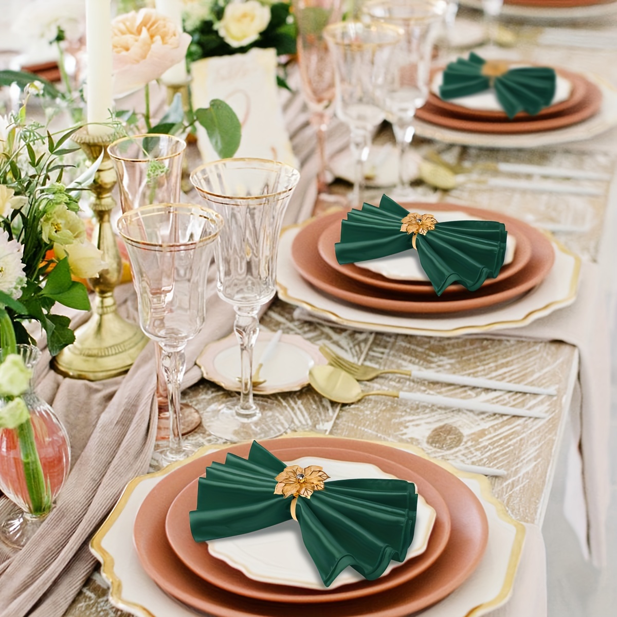 

Elegant 12pcs Green Satin Napkin Set With Golden Floral Rings - Soft, Table Decor For Weddings, Banquets, Bridal Showers & Parties, Square Shape