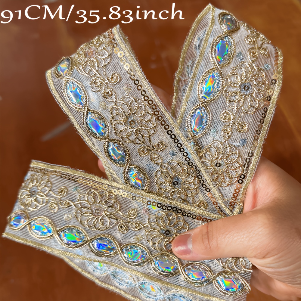 TEMU Vintage Embroidered Lace With Iridescent Rhinestone Embellishments, Featuring A With Three-dimensional Floral Embroidery, Suitable For Clothing