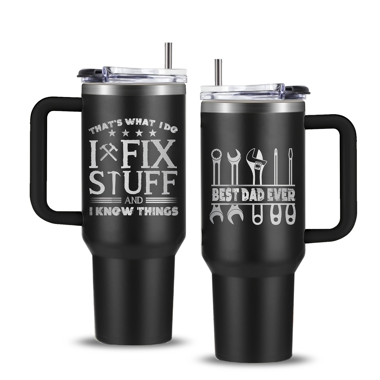 

1pc 40oz Black Stainless Steel Tumbler For Dad With Handle - "i Fix Stuff" & "best Dad Ever" Designs, Bpa-free, Insulated With Straw Lid - Ideal Father's Day & Birthday Gift