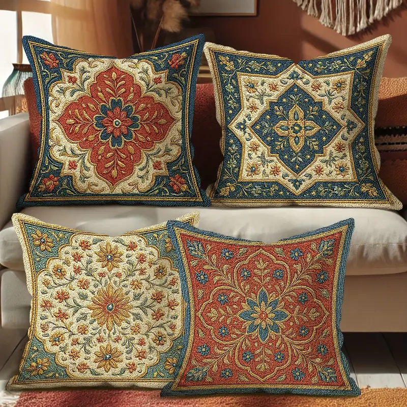 4pcs retro ethnic style throw pillow covers geometric pattern brown green beige soft polyester decorative pillow covers double sided printing with zipper closure machine washable for living room bedroom sofa bed decor no pillow core Product details 0