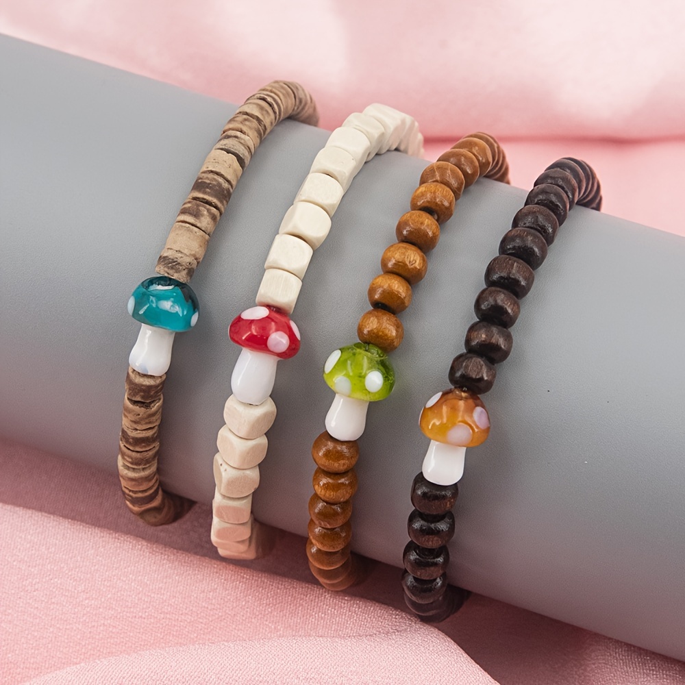 

4-piece Set Boho Wooden Beaded Bracelets With Mushroom Charm - No Plating, Daily & Gift Occasion, Christmas Suitable, All-season Ethnic Style Jewelry For Women