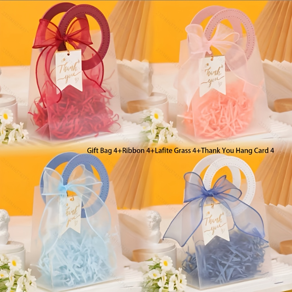 E-shop 16 Stück Wiederverwendbare PVC Transparente Geschenktüten mit Raffia und Band, Dankeschön-Anhänger - Hochwertige Party-Geschenktüten für