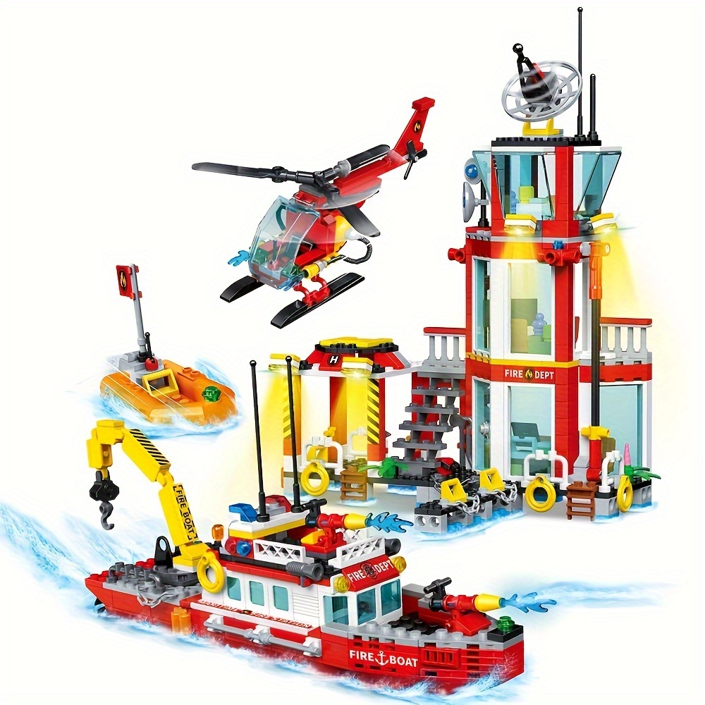 

City Building Blocks Set Marine Fire Including Fire Boats And Ship Helicopter Stem