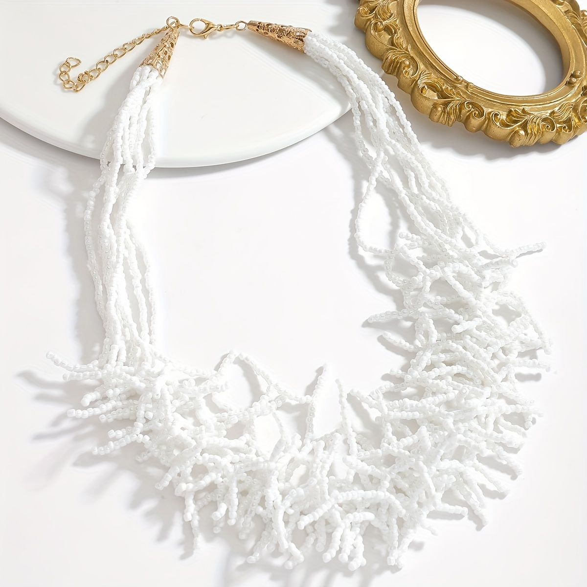Image of Bohemian Handmade Irregular Design Chain Necklace With Rice Beads, An Elegant And Necklace For Women, Suitable For Seaside Vacations, Gatherings, Parties, And Daily Versatile Wear. In Multiple Colors