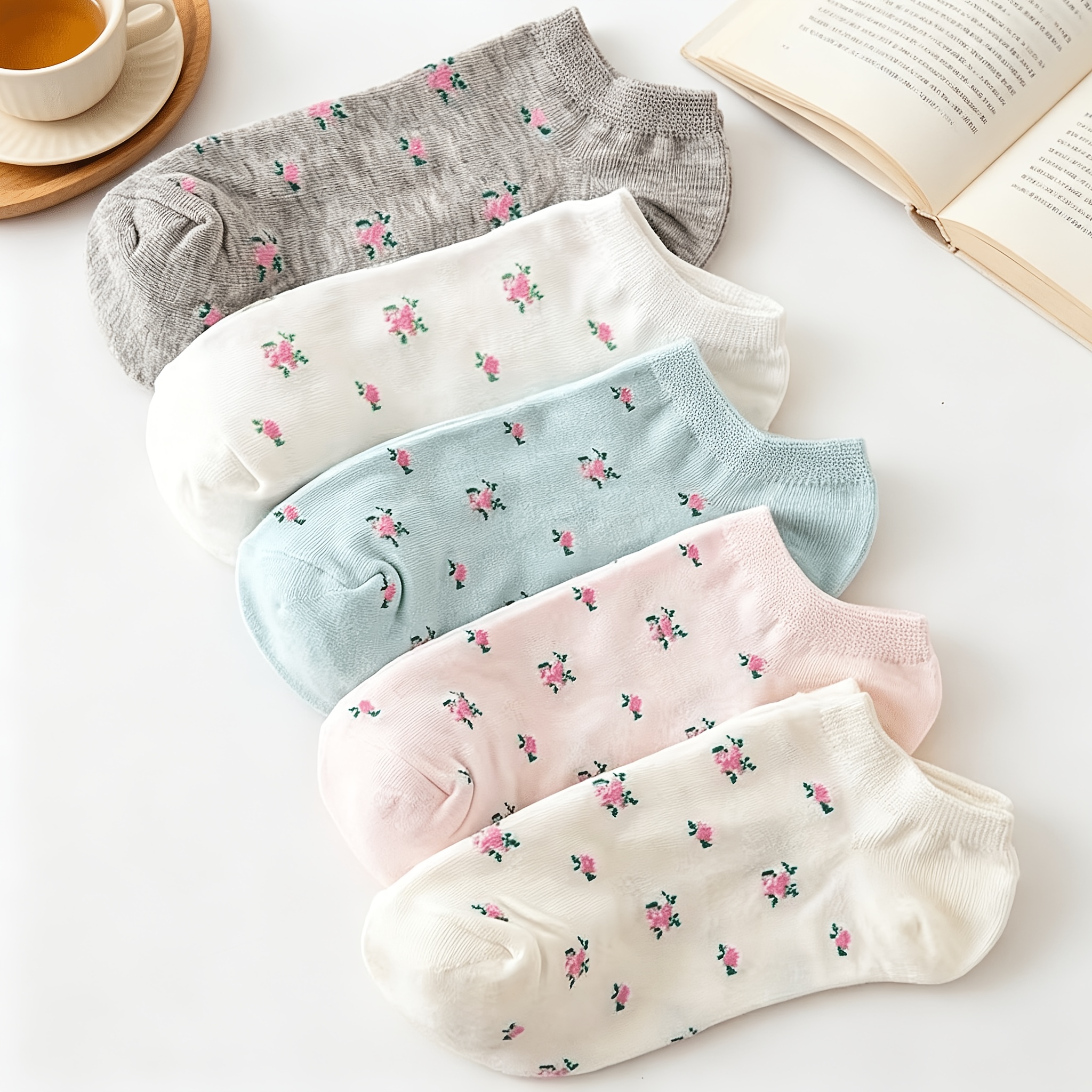 TEMU 5-pair Women's Floral Ankle Socks - Non-slip Candy-colored Suitable For Summer, Breathable Invisible Socks With Ditsy Flower Patterns, Color-