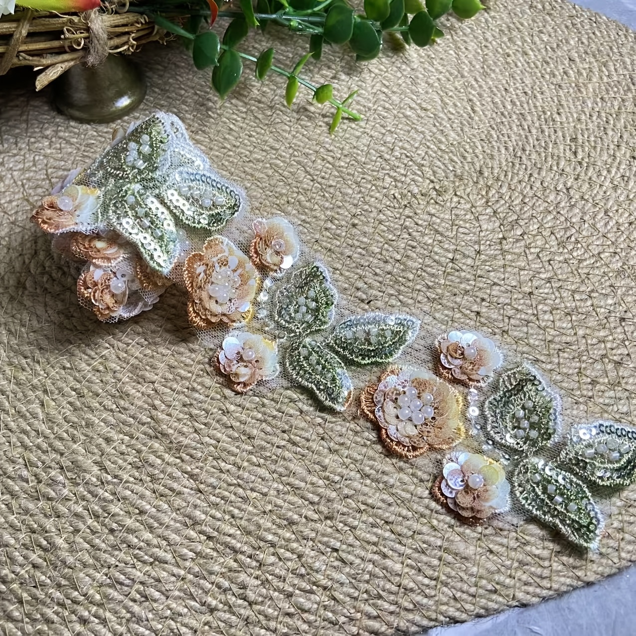 TEMU Luxueux Bordure en Dentelle de Florale 3D Perle, Ruban Brodé de Fleurs à Paillettes Dégradées Champagne, Bande Décorative Élégante et pour Robe