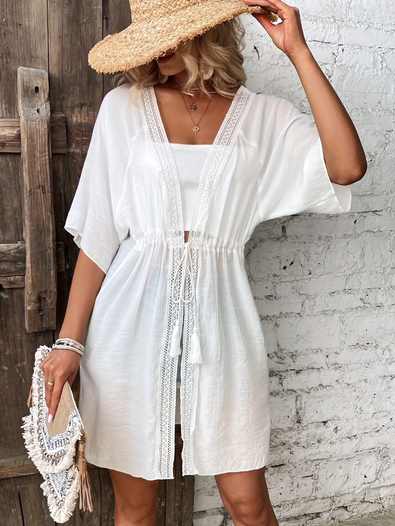 womens lightweight lace trim kimono wrap dress drawstring Temu