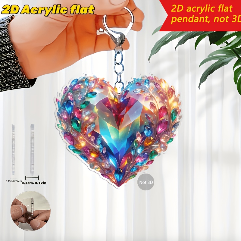TEMU 2d Flat - [2d Flat] 2d Plane, Non-3d, 1pc Colorful Heart Gemstone Pattern Acrylic Decoration, Fashion Acrylic Pendant, Car Keychain, Backpack,