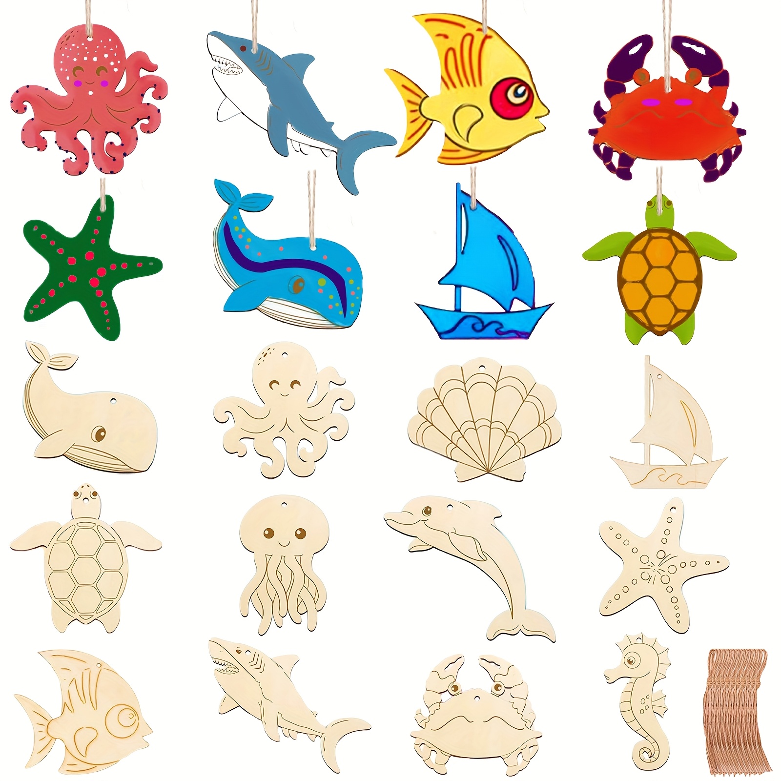 Image of 24pcs Theme Wooden Craft Kit, Including 12pcs Wood Pieces And 12pcs Strings, Craft Kit, Wooden Craft Set, Birthday Craft, Suitable For Holiday Gift Creative Gift Party Decoration Handmade Kit