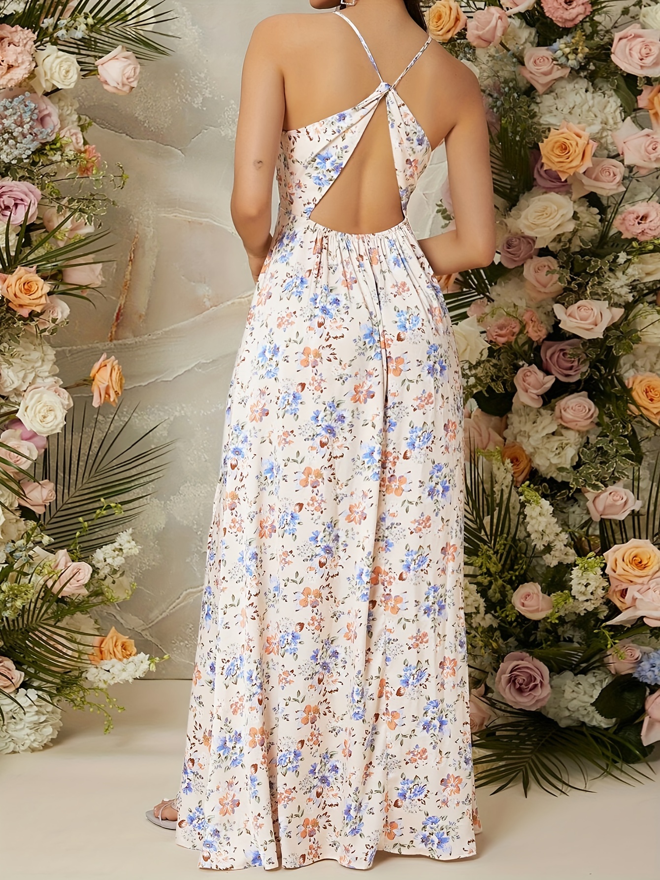 1 printed high slit backless halter dress wedding guest gown - Temu United  Arab Emirates