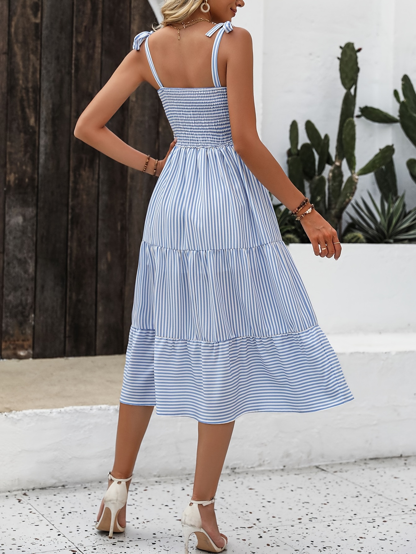 Striped Print Tie Shoulder Ruffle Dress, Elegant Sleeveless Cami Dress For Spring & Summer, Women s Clothing 2