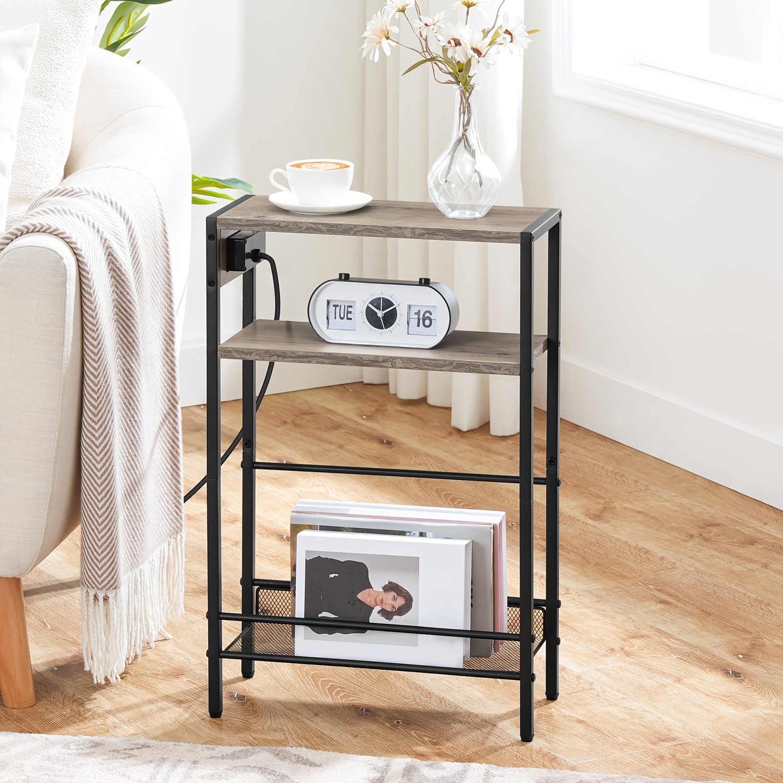 Image of 3 Layer Narrow Side Table With Usb Charging And Power Outlet, Equipped With Magazine Storage And Protective Bar, Suitable For Living Room And Bedroom, Gray Brown Color