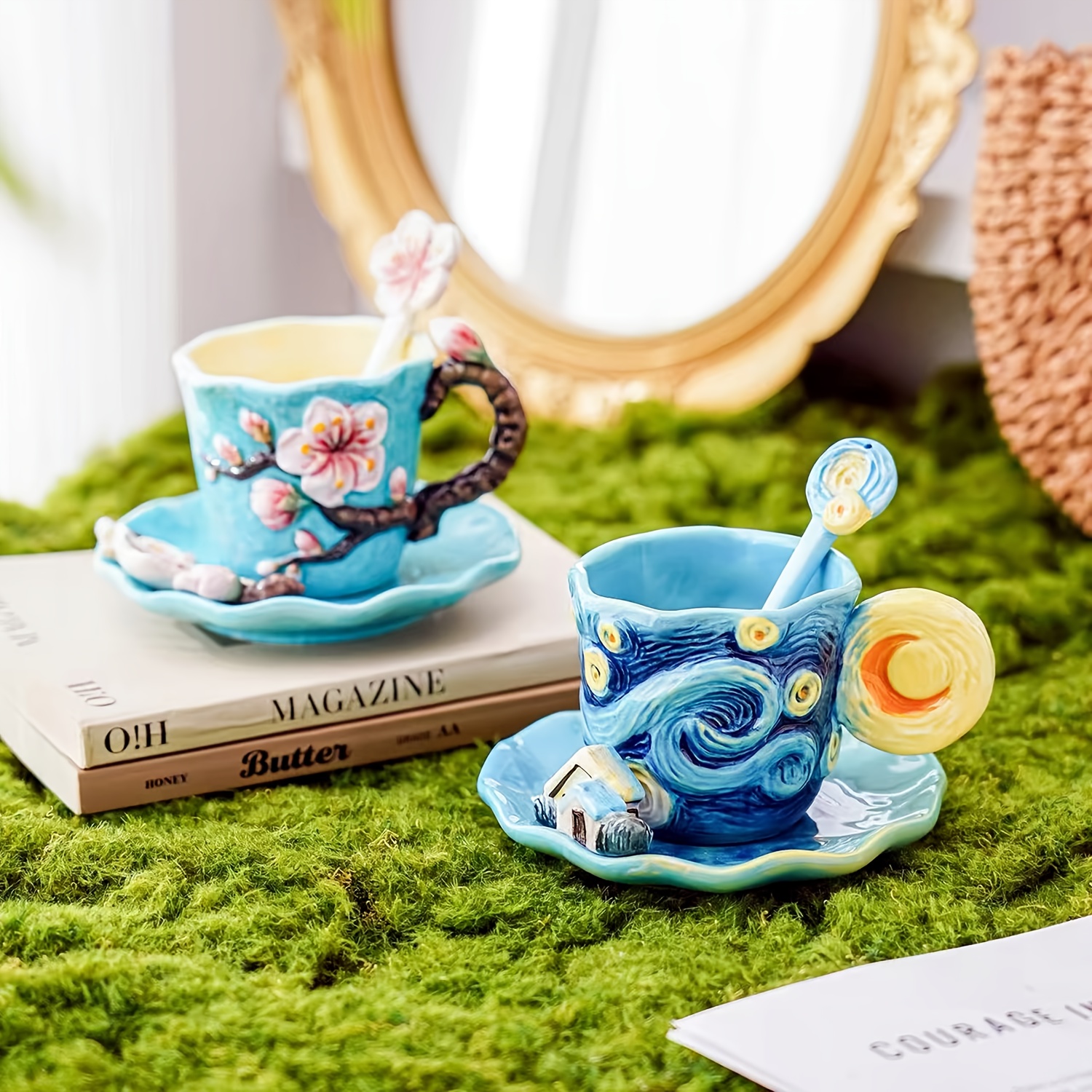 1set ceramic hand painted classic van   oil painting   cup and saucer set 1pc starry night sunflower   apricot tea cup 1pc wave round plate 1pc flower spoon   table decoration christmas valentines day mothers day gift capacity 180ml 6oz Product details 3