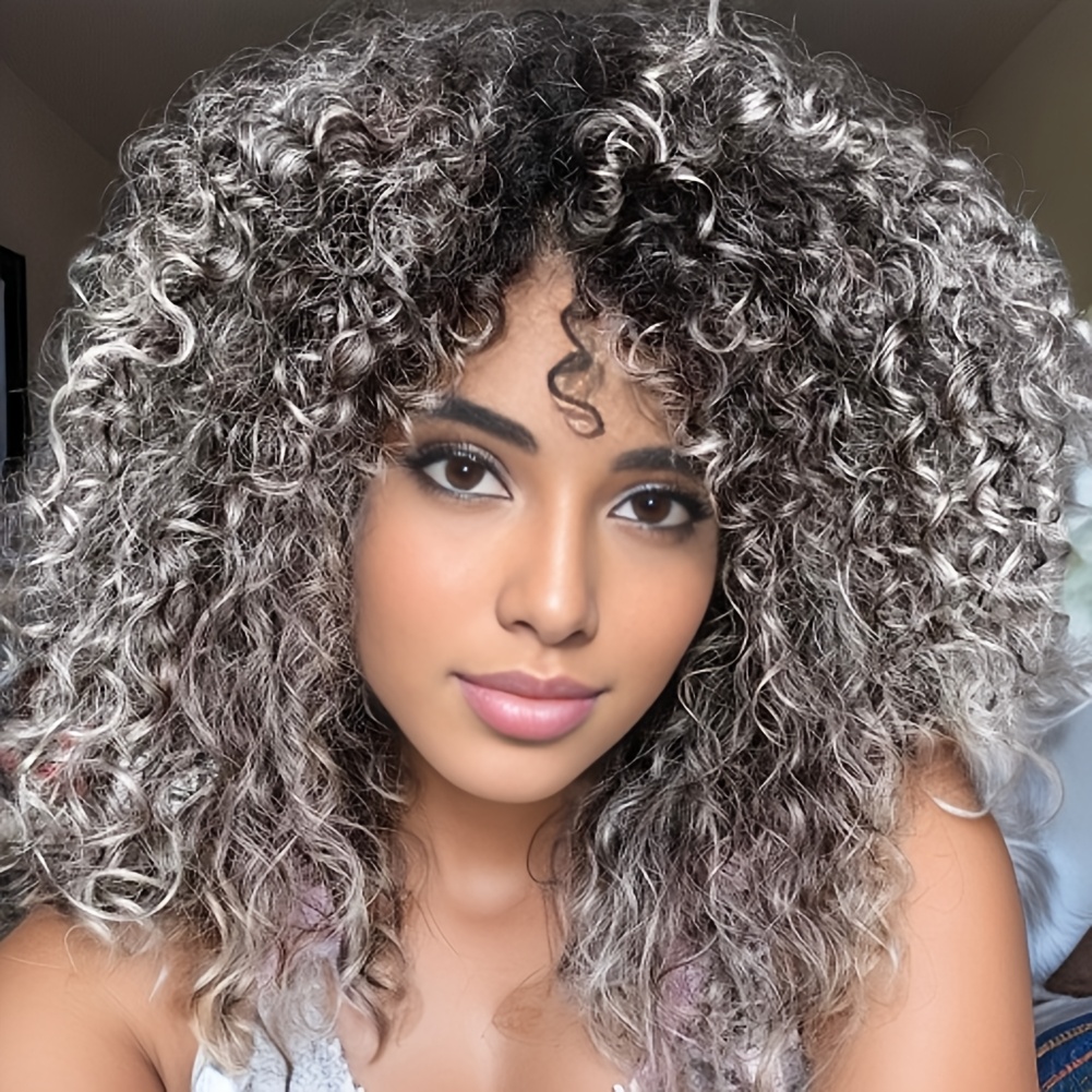 TEMU Elegant Afro Gray Wig For Women With Bangs - Ombre Grey Synthetic Heat Resistant Hair, Breathable For Daily Use, Versatile Hairpiece|modern Wig|synthetic Hair