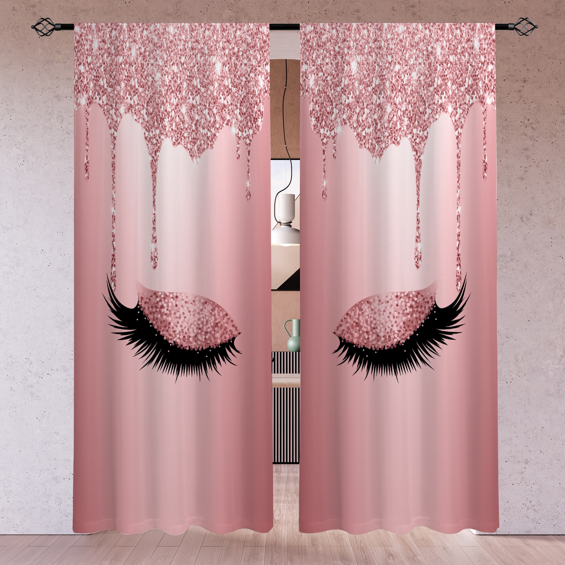 

2pcs, Eyelashes Gradient Color Printed Translucent Curtains, Multi-scene Polyester Rod Pocket Curtain For Living Room Game Room Bedroom Home Decor Party Supplies