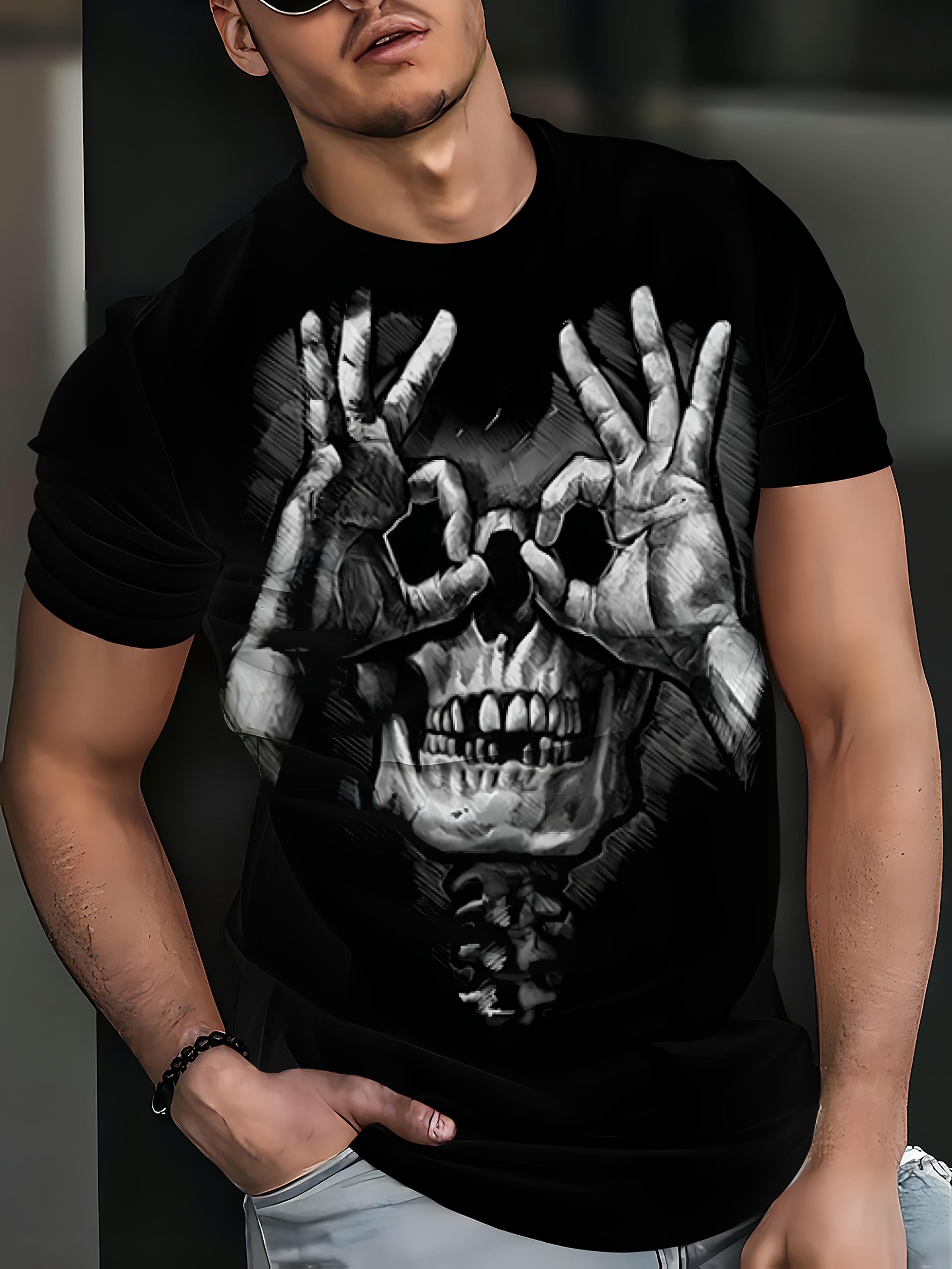 Men   Print Black Skull Pattern T-Shirt Casual Short Sleeve Pullover Top for Summer Outdoor Wear