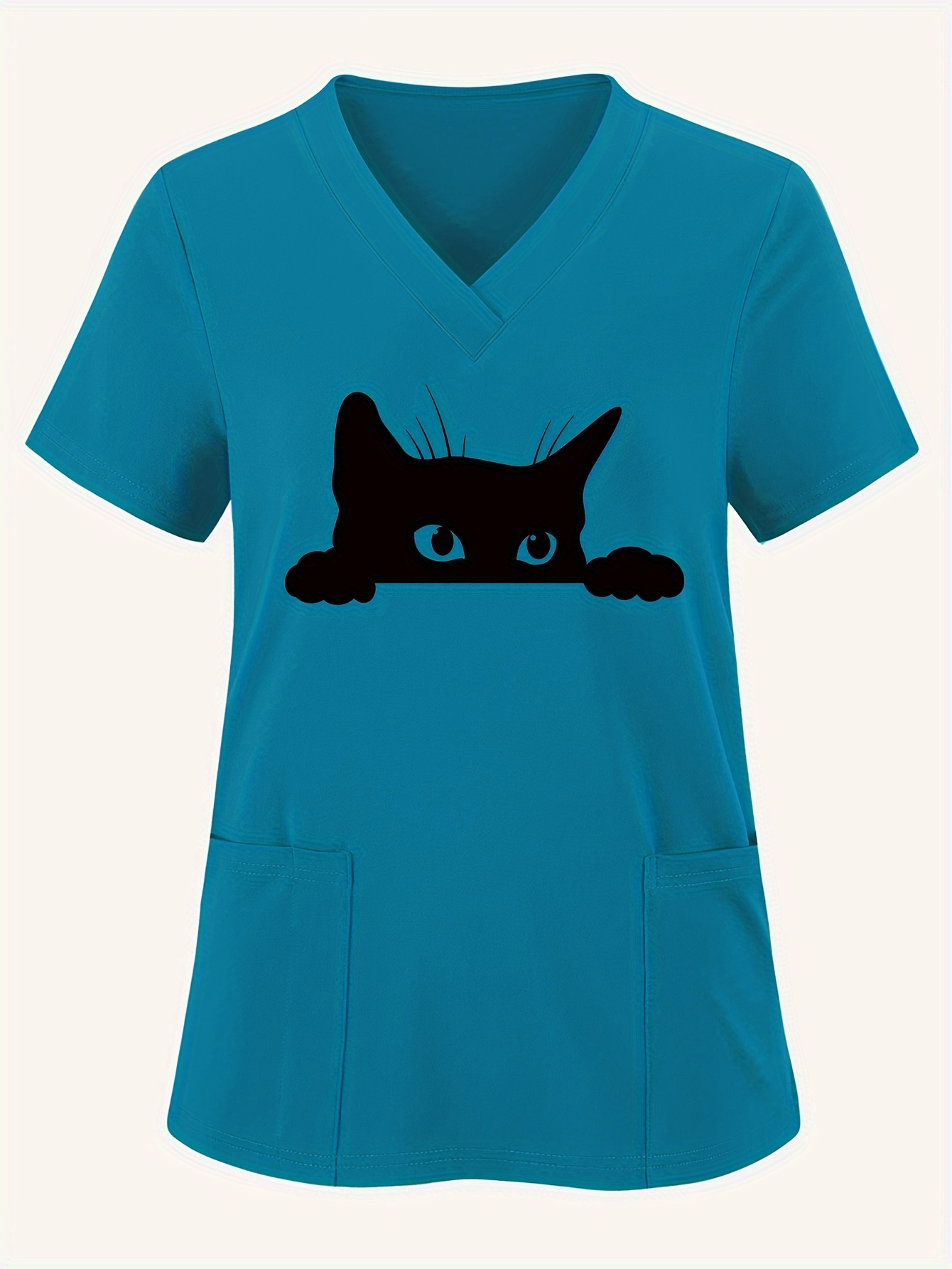 Kadınlar için Vintage Kedi Baskılı V-Yaka Scrub Üstü, Yan Yırtmaçlı & Cepli - Esnek Polyester Karışımı, Makinede Yıkanabilir