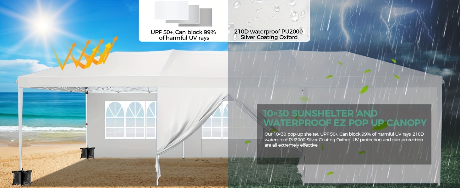   10x30弹出式帐篷，8个可拆卸侧壁，实用升级的重型框架，提供宽敞的空间，防水，防风和防紫外线，适合所有类型的户外活动 详情 3