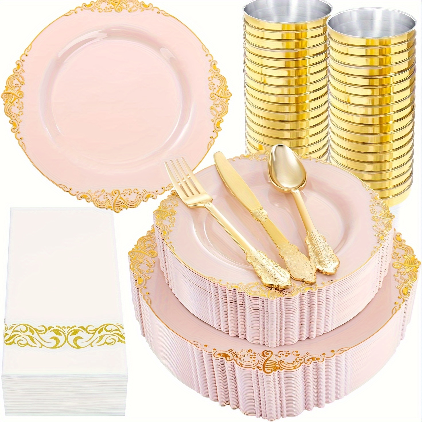 

350pcs Pink And Gold Plastic Plates - Pink Plastic Dinnerware Sets For 50 Guests - Pink Disposable Plates, 150 Gold Plastic Silverware, 50 Cups, 50 Napkins For Wedding & Party