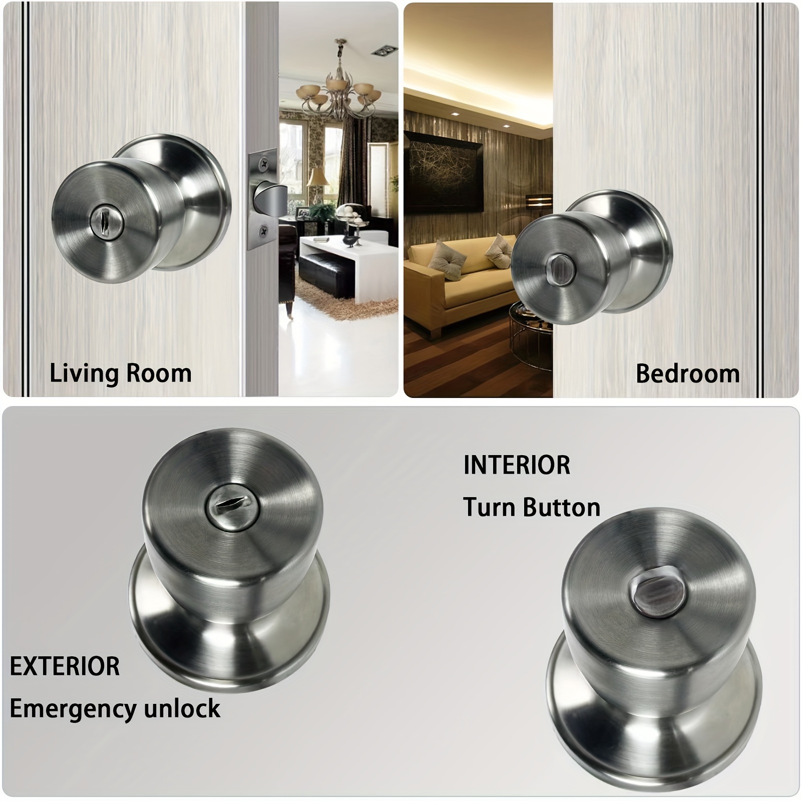 Round Door Handle Knobs Lock Stainless Steel Bedroom Living Room