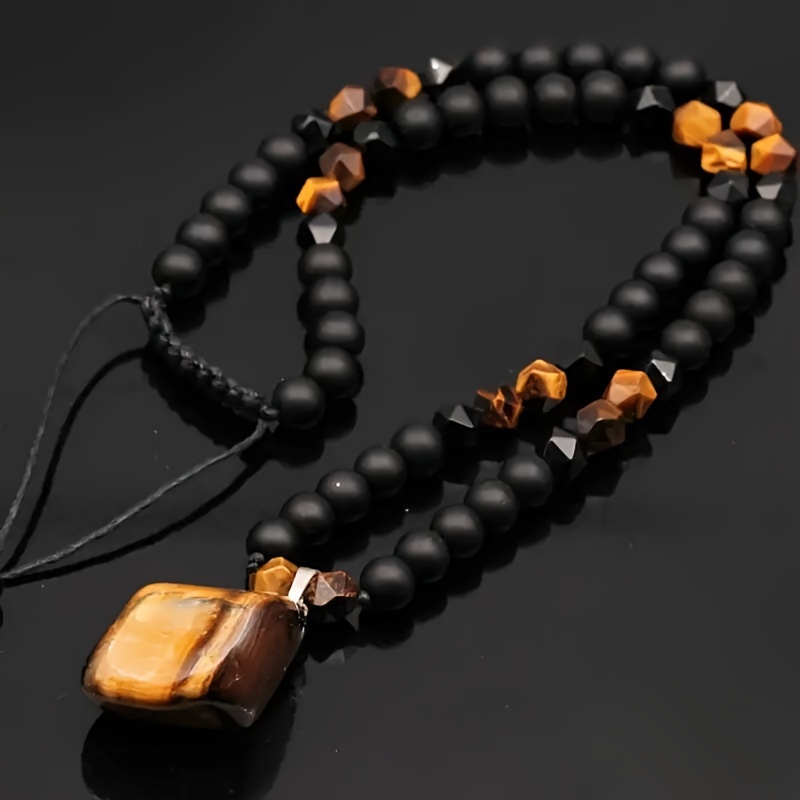 

8mm Genuine Natural Stone Mens Tiger Eye Pendant Necklace - Adjustable Black Onyx Beaded Long Chain Necklace For Men - Unique Christmas Gift Idea For Him