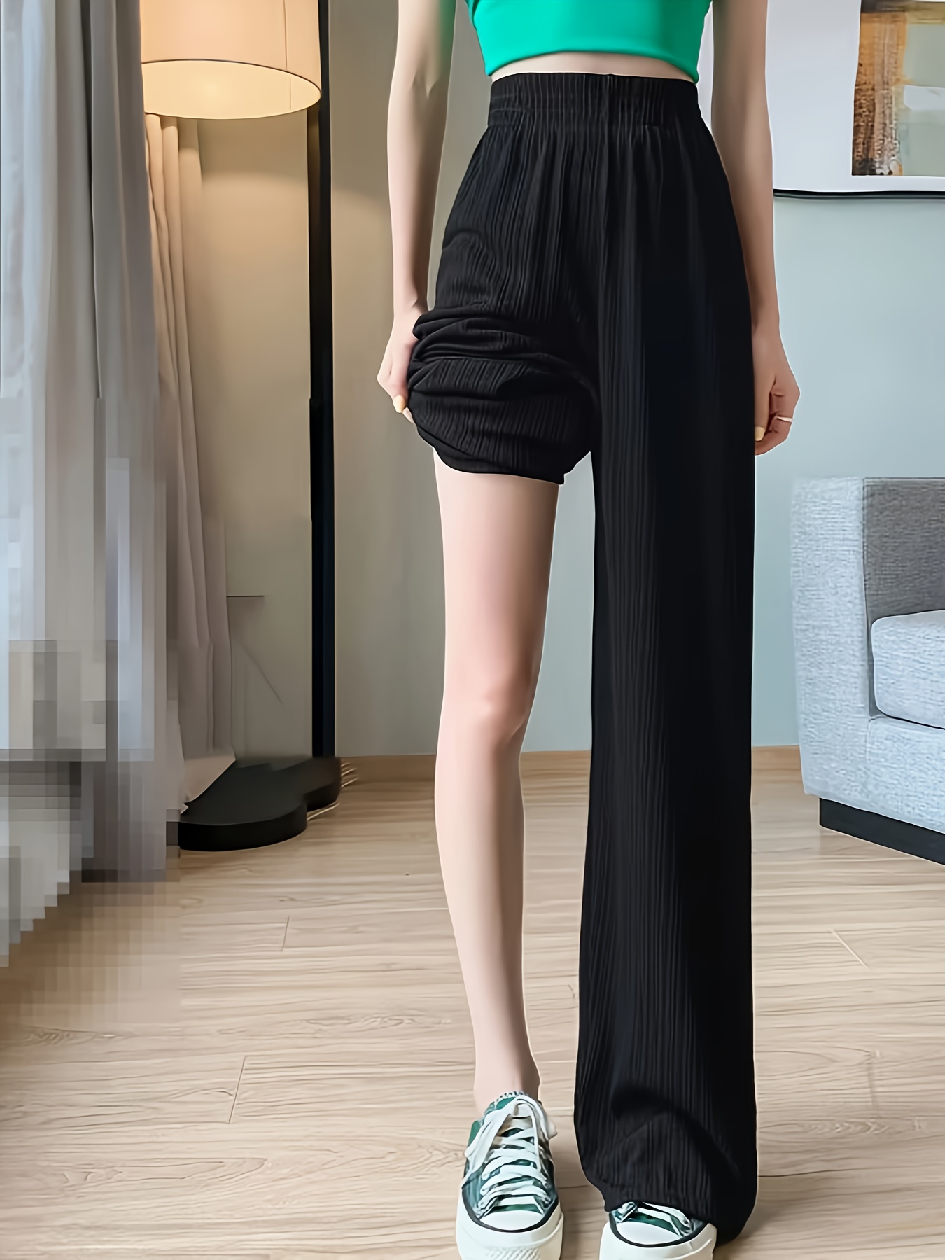 walking   summer fashion western style casual sports long pants high waisted versatile solid color pleated stripes   straight leg wide leg pants for women