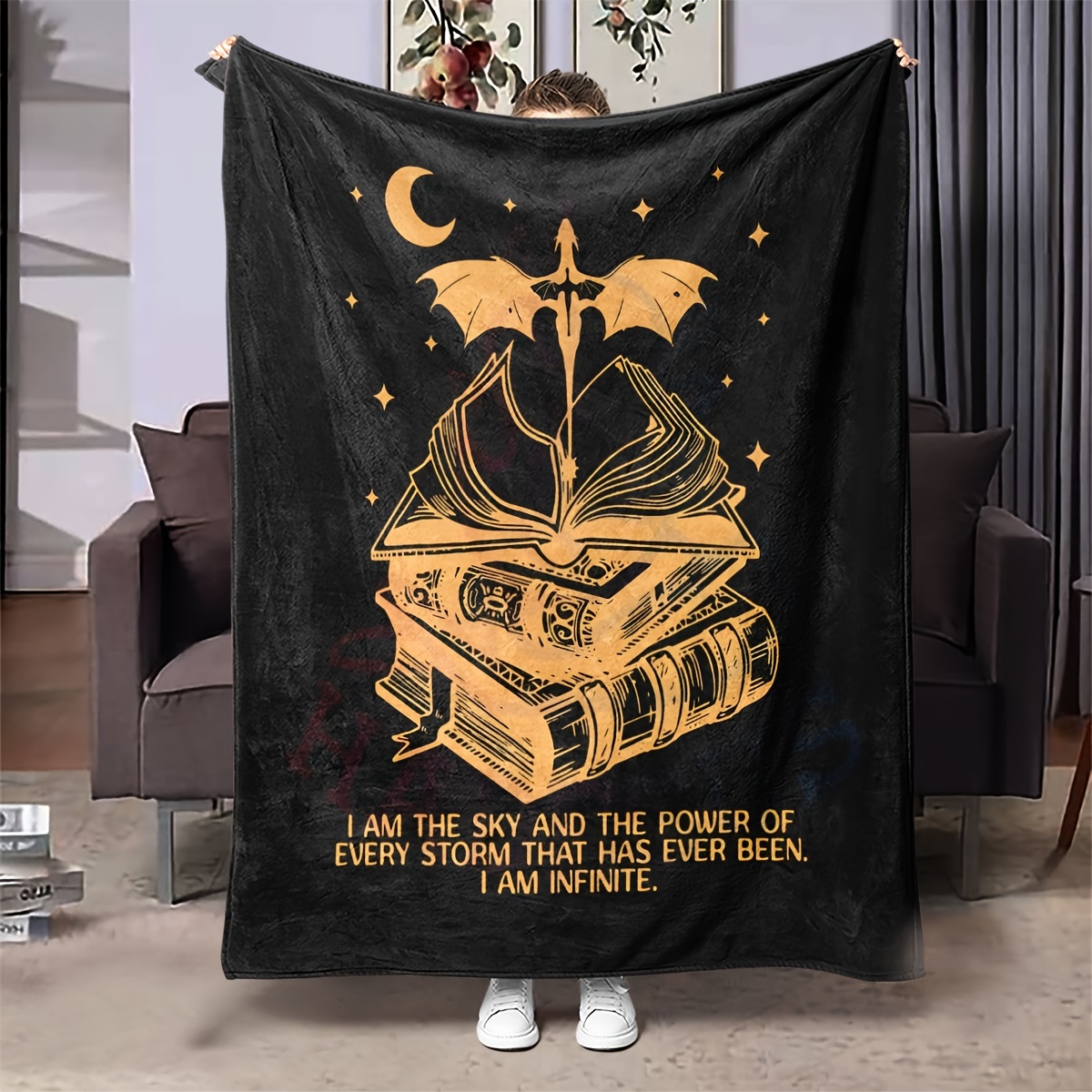 

Contemporary Geometric-pattern Digital Print Flannel Throw Blanket - All-season Cozy Polyester Knitted Blanket With Mythical Dragon And Book Design For Home Decor