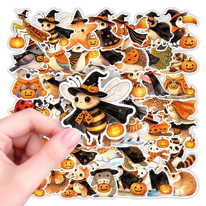 TEMU Lot de 63 autocollants mignons d'animaux d'Halloween – Autocollants en vinyle Sorcière Abeille, Panda et Citrouille pour ordinateur portable,