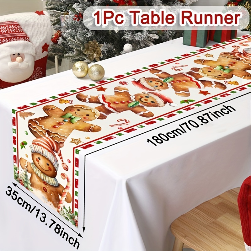Image of 1pc Christmas Table Runner, Polyester Gingerbread For Man Designed Table Cover For Winter Kitchen Holiday Desktop Decoration, Christmas Decor Home Decor 2026 Happy New Year 2027 Gifts