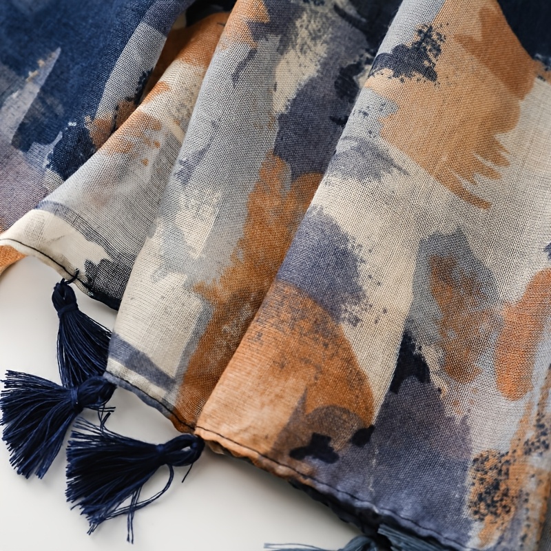 Women's Vintage Chinese Ink Wash Scarf - Watercolor Fringe Shawl & Neck Wrap, Warm Non-Stretch Collar for Autumn Winter, Elegant Accessory Suitable for Casual Outfits, Hand Washable Retro Print Scarves