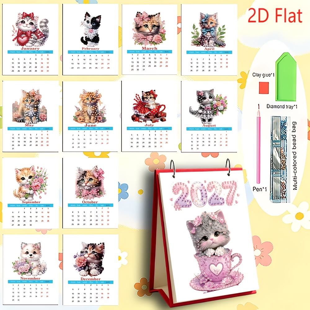 TEMU 1pc 2027 2d Cute Cat Floral Series Diamond Painting Diy Holiday Series Pattern Calendar, Desktop Calendar, Desk Calendar For School Desks,