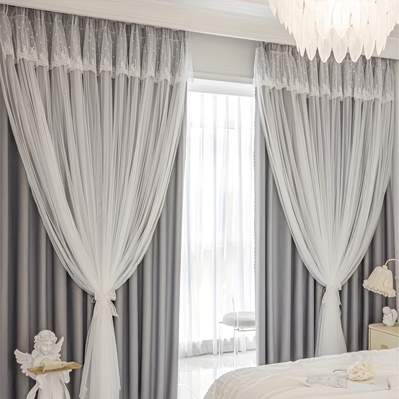 2pcs New Internet Celebrity Double-layer Cloth Yarn Integrated Blackout Lace Princess Bedroom Living Room Curtains Modern High-end Curtain Curtains