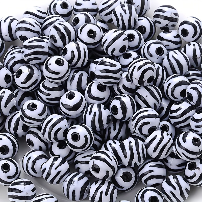 

30pcs Acrylic Zebra Print Beads, 10mm Striped Round Beads For Making, Bracelets, Necklaces, Rings Crafting