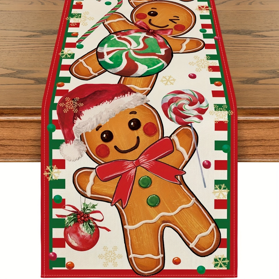 

Festive Gingerbread & Candy Cane Christmas Table Runner - Polyester, Rectangular, Woven Design For Holiday Dining Decor, 13x90 Inch