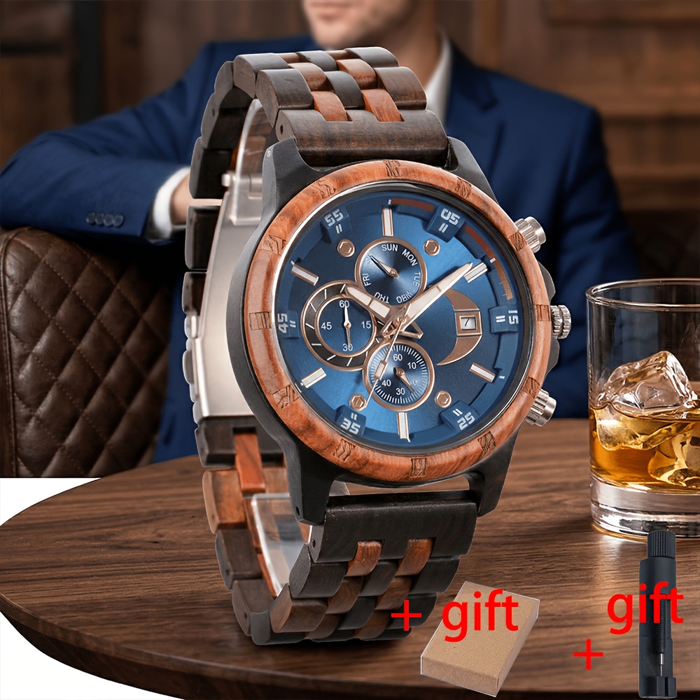 TEMU Wooden Wrist Watches For Men Fashion Quartz Wristwatches With Clock Date Week Wood Wach Box For Him