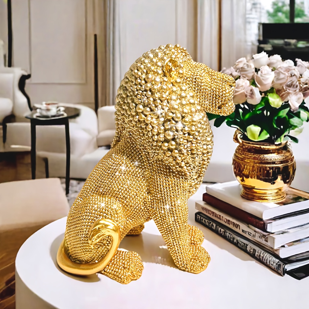 Golden Beaded Lion Statue - Elegant Resin Desk Decor for Living Room, Bedroom, Office | Ideal Gift for Father'S Day, Mother'S Day, Easter, Graduation | Versatile Home Decoration, Bedroom Decor|Luxurious Lion Design|Detailed Craftsmanship, Lion Decor