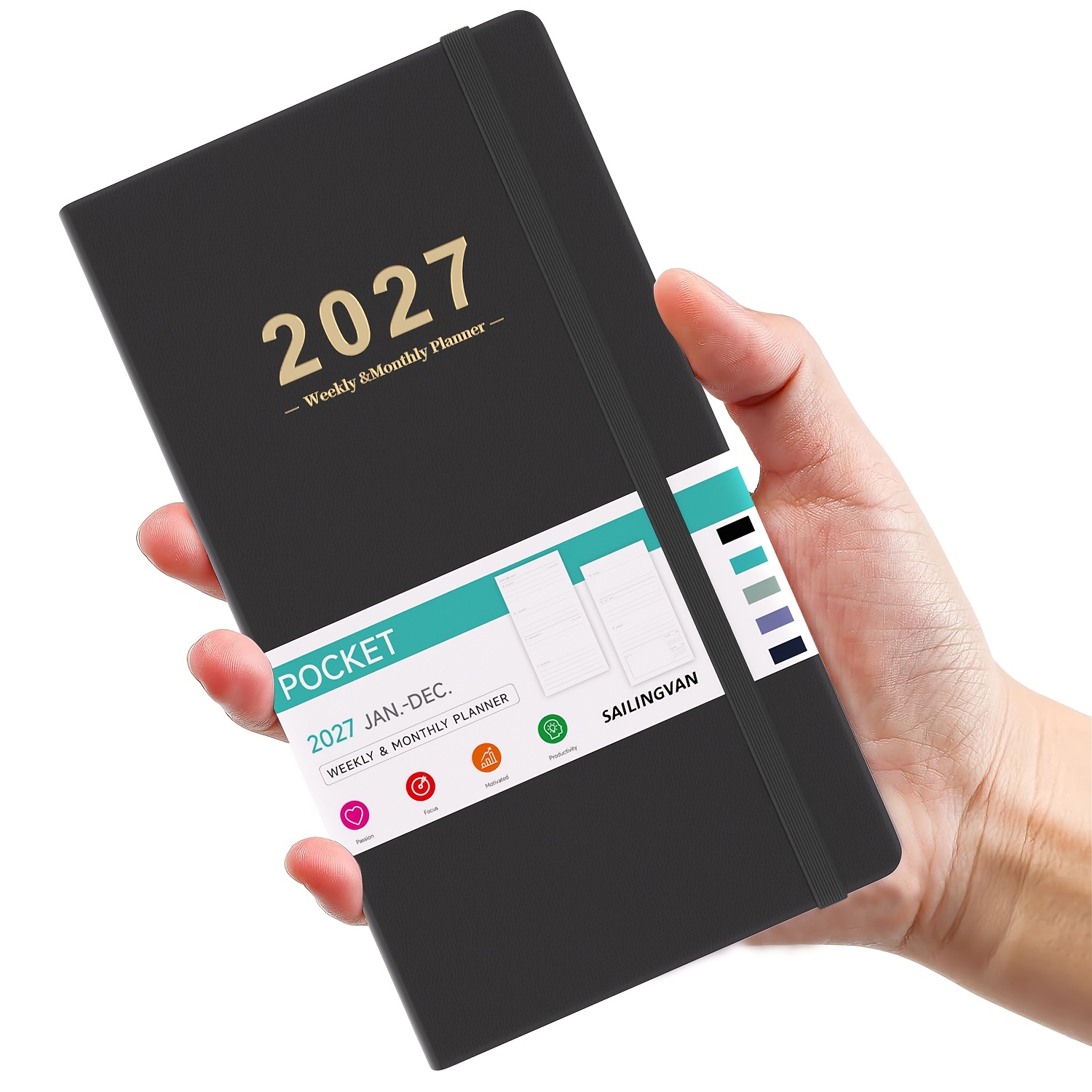 TEMU Pocket Diary 2027 - A6 Diary 2027 Week To View, 2027 To December 2027, Leather Hardcover 2027 Diary, Elastic Closure & Inner Back Pocket
