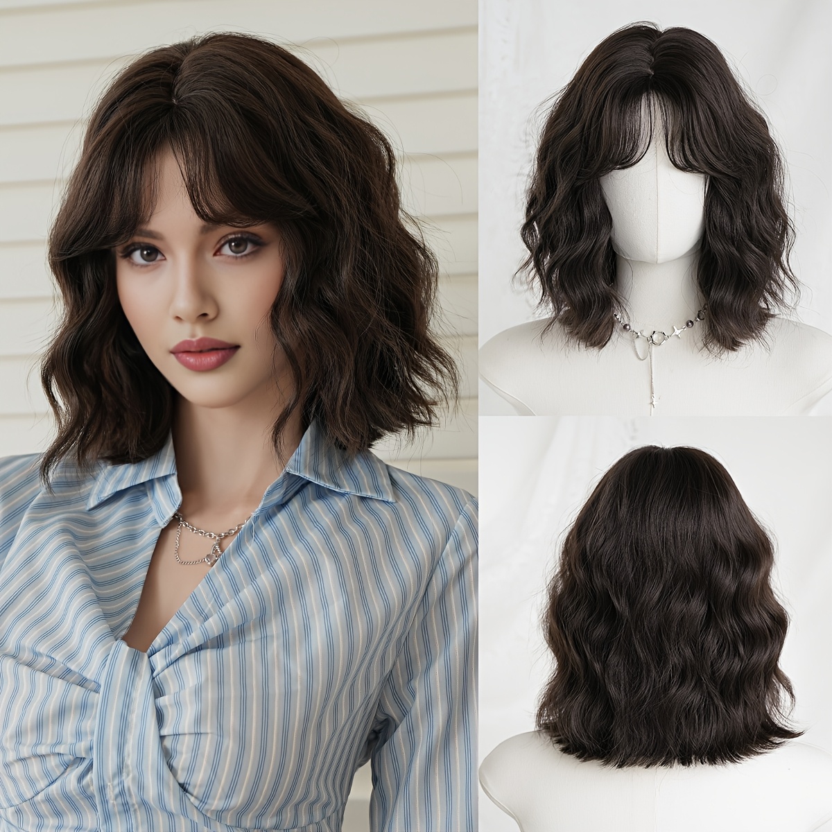 TEMU Peluca Bob Corta Ondas de Agua Marrón Negro para Mujer, Uso Diario y Fiestas, Peluca Bob de Densidad con Flequillo, Peluca Sintética Resistente