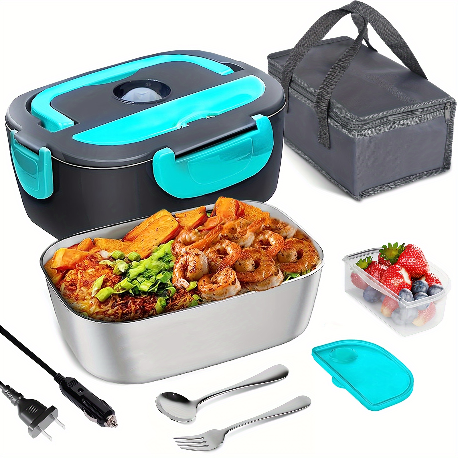 

Electric Lunch Box Food Heater, 3 In 1 Heated Lunch Boxes For Adults, 12v/24v/110v Portable Food Warmer For Car/truck/office With Fork Spoon And Insulated Carry Bag