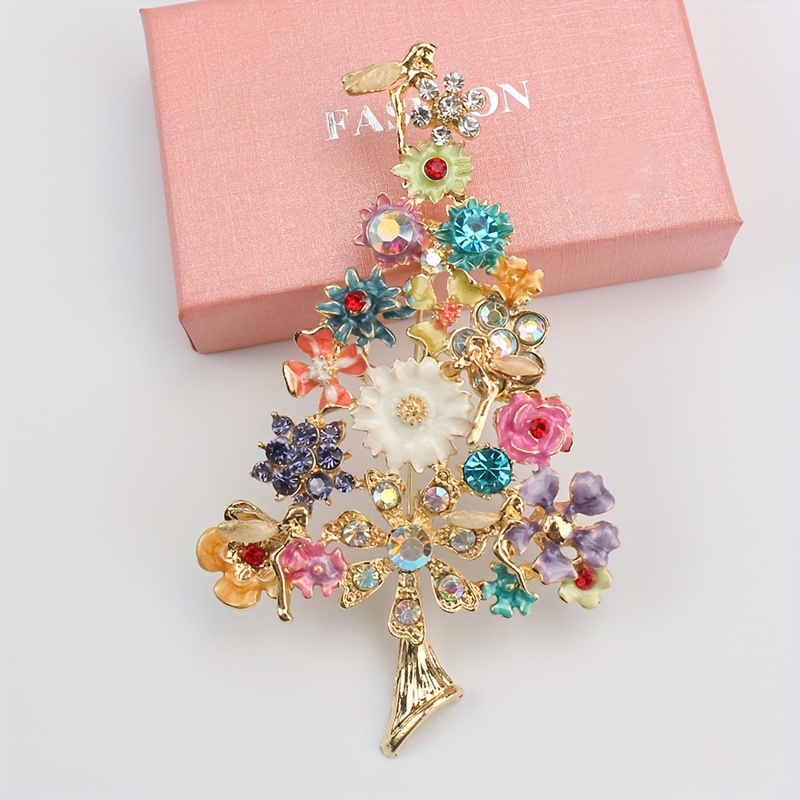 

Colorful Enamel Christmas Tree Brooch, Vintage Style Rhinestone Inlay Brooch, Creative Suit Corsage Accessory For Women