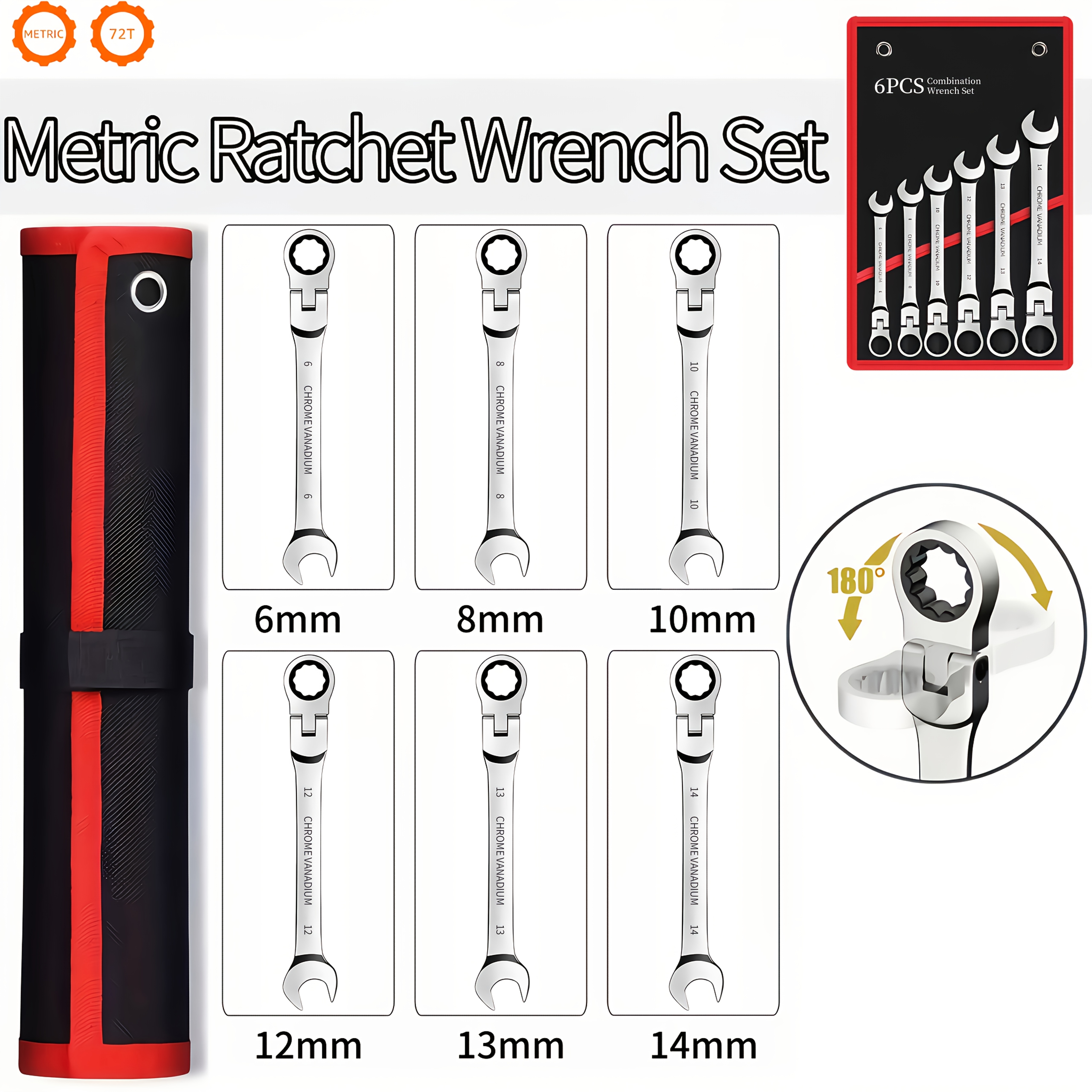 TEMU Heavy-duty 72-tooth Ratcheting Wrench Set - Chrome Vanadium Steel () Open-end And Box-end Combination, Adjustable Hand Tool With Ratchet